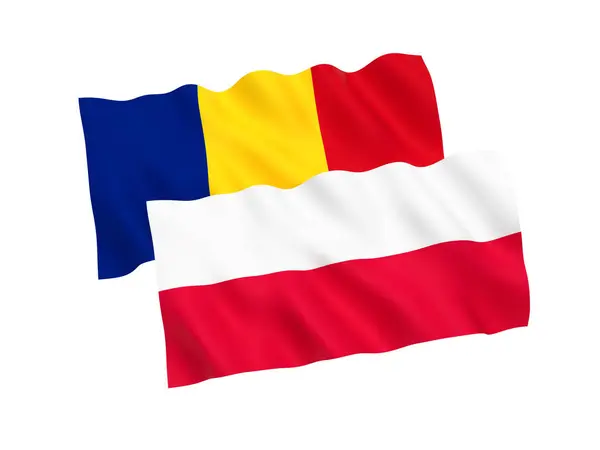 Bandeiras da Polónia e da Roménia sobre um fundo branco — Fotografia de Stock