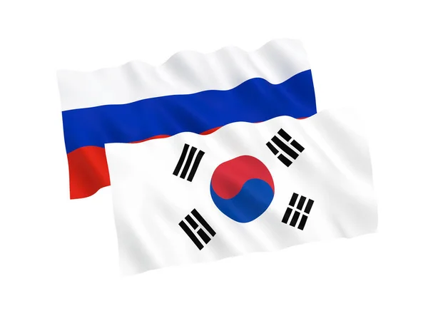 白い背景にロシアと韓国の旗 — ストック写真
