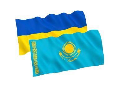 Beyaz arka planda Ukrayna ve Kazakistan bayrakları