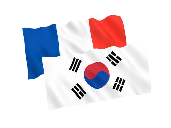 白色背景下的法国和韩国国旗 — 图库照片