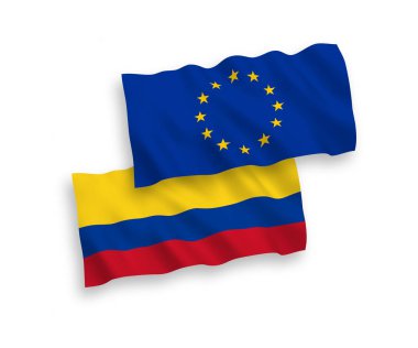Beyaz arka planda Avrupa Birliği ve Kolombiya bayrakları