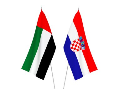 Beyaz arka planda Hırvatistan ve Birleşik Arap Emirlikleri 'nin ulusal kumaş bayrakları izole edildi. 3d resimleme.