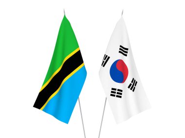 Beyaz arka planda Güney Kore ve Tanzanya 'nın ulusal kumaş bayrakları izole edildi. 3d resimleme.