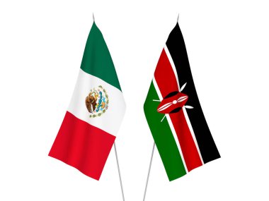 Kenya ve Meksika 'nın ulusal kumaş bayrakları beyaz arka planda izole edildi. 3d resimleme.