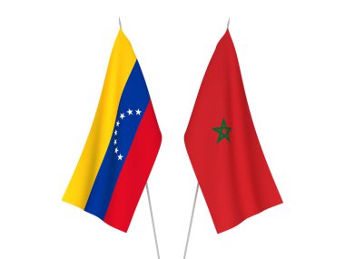 Beyaz arka planda, Fas ve Venezuela 'nın ulusal kumaş bayrakları izole edildi. 3d resimleme.