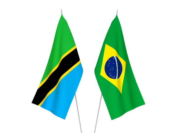 Nationale Stoffen Vlaggen Van Brazilië Tanzania Geïsoleerd Witte Achtergrond Weergave — Stockfoto