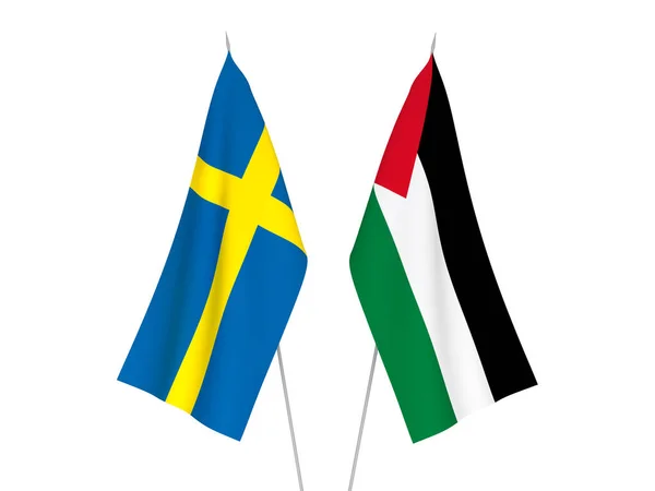 Banderas Nacionales Tela Suecia Palestina Aisladas Sobre Fondo Blanco Ilustración —  Fotos de Stock