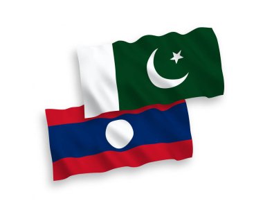 Pakistan ve Laos 'un ulusal taşıyıcı kumaş bayrakları beyaz arka planda izole edildi. 1 'e 2 oranında.