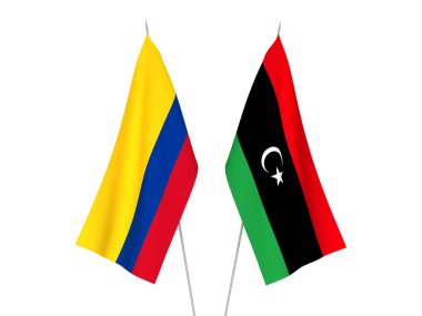 Beyaz arka planda Libya ve Kolombiya 'nın ulusal kumaş bayrakları izole edildi. 3d resimleme.