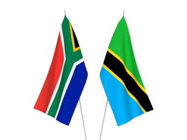Beyaz arka planda Güney Afrika Cumhuriyeti ve Tanzanya 'nın ulusal kumaş bayrakları izole edildi. 3d resimleme.