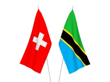 Beyaz arka planda İsviçre ve Tanzanya 'nın ulusal kumaş bayrakları izole edildi. 3d resimleme.