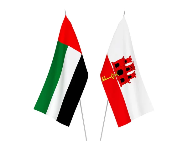 Narodowe Flagi Tkanin Gibraltaru Zjednoczonych Emiratów Arabskich Izolowane Białym Tle — Zdjęcie stockowe