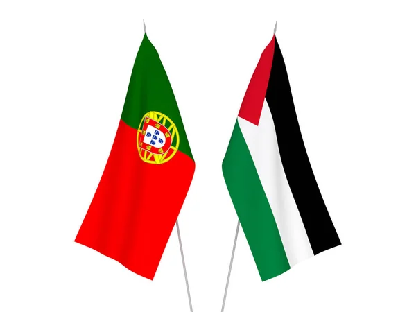 Εθνικές Σημαίες Υφάσματος Της Παλαιστίνης Και Της Πορτογαλίας Απομονωμένες Λευκό — Φωτογραφία Αρχείου