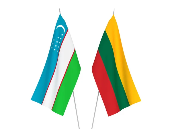 Bandeiras Tecido Nacional Lituânia Uzbequistão Isoladas Fundo Branco Ilustração Renderização — Fotografia de Stock