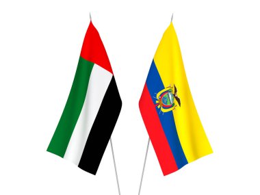 Ekvador 'un ulusal kumaş bayrakları ve Birleşik Arap Emirlikleri beyaz arka planda izole edildi. 3d resimleme.