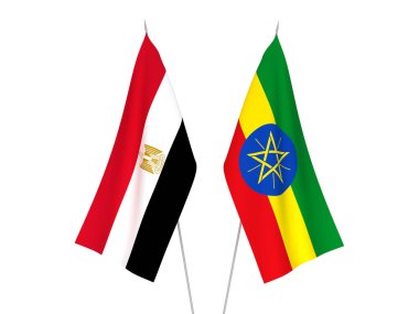 Beyaz arka planda Etiyopya ve Mısır 'ın ulusal kumaş bayrakları izole edildi. 3d resimleme.