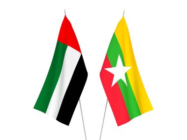 Beyaz arka planda Myanmar ve Birleşik Arap Emirlikleri 'nin ulusal kumaş bayrakları izole edildi. 3d resimleme.