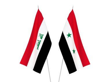 Irak ve Suriye 'nin ulusal kumaş bayrakları beyaz arka planda izole edildi. 3d resimleme.