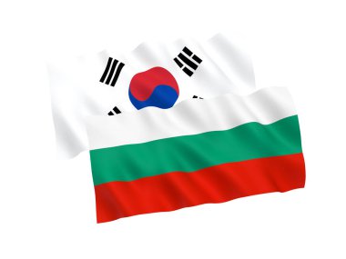 Beyaz arka planda Bulgaristan ve Güney Kore 'nin ulusal kumaş bayrakları izole edildi. 3D tasvir. 1 'e 2 oranında.