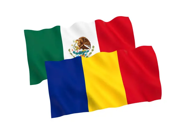 Bandeiras Tecido Nacional Romênia México Isoladas Fundo Branco Ilustração Renderização — Fotografia de Stock