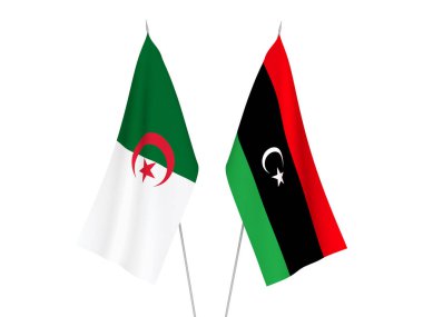 Libya ve Cezayir 'in ulusal kumaş bayrakları beyaz arka planda izole edildi. 3d resimleme.