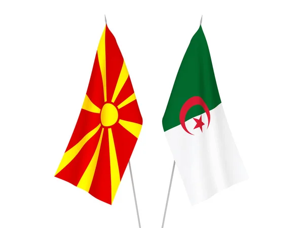 Drapeaux Nationaux Tissu Macédoine Nord Algérie Isolés Sur Fond Blanc — Photo