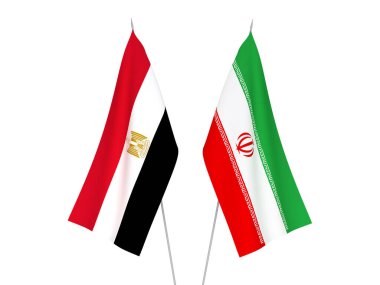 Beyaz arka planda Mısır ve İran 'ın ulusal kumaş bayrakları izole edildi. 3d resimleme.