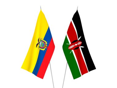 Ekvador ve Kenya 'nın ulusal kumaş bayrakları beyaz arka planda izole edildi. 3d resimleme.
