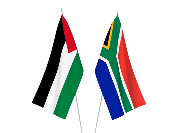 Banderas Nacionales Tela República Sudáfrica Palestina Aisladas Sobre Fondo Blanco — Foto de Stock