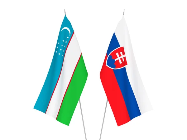 Національні Прапори Тканини Узбекистану Словаччини Ізольовані Білому Тлі Візуалізація — стокове фото