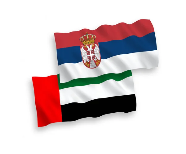 Bandeiras Tecido Vetorial Nacional Emirados Árabes Unidos Sérvia Isoladas Fundo — Vetor de Stock