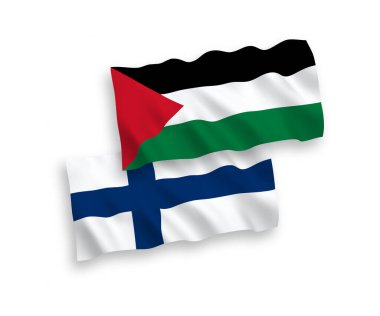 Finlandiya ve Filistin 'in ulusal taşıyıcı kumaş bayrakları beyaz arka planda izole edildi. 1 'e 2 oranında.