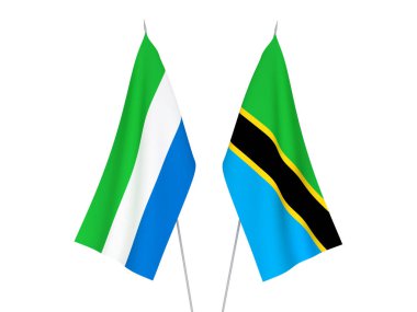 Beyaz arka planda, Sierra Leone ve Tanzanya 'nın ulusal kumaş bayrakları izole edildi. 3d resimleme.