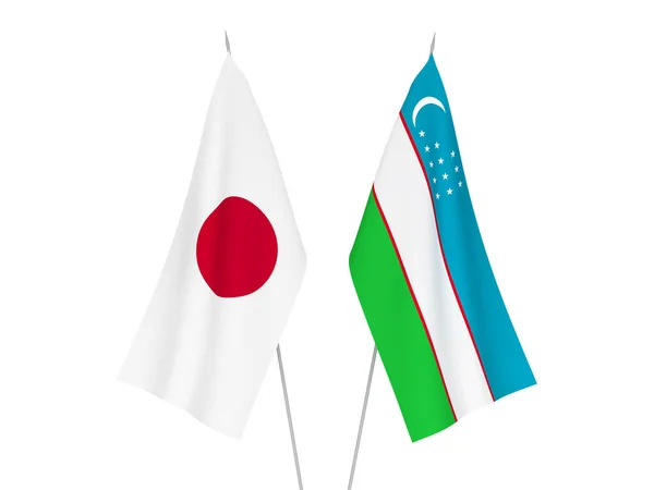 Bandiere Nazionali Tessuto Del Giappone Dell Uzbekistan Isolate Sfondo Bianco — Foto Stock