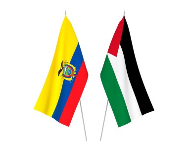 Beyaz arka planda Ekvador ve Filistin 'in ulusal kumaş bayrakları izole edildi. 3d resimleme.