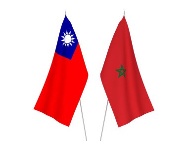 Tayvan ve Fas 'ın ulusal kumaş bayrakları beyaz arka planda izole edildi. 3d resimleme.