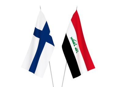 Beyaz arka planda, Irak ve Finlandiya 'nın ulusal kumaş bayrakları izole edildi. 3d resimleme.