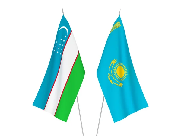 Bandeiras Tecido Nacional Cazaquistão Uzbequistão Isoladas Fundo Branco Ilustração Renderização — Fotografia de Stock