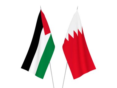 Beyaz arka planda, Bahreyn ve Filistin 'in ulusal kumaş bayrakları izole edildi. 3d resimleme.