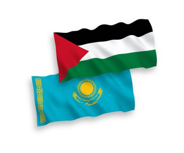 Beyaz arka planda Kazakistan ve Filistin 'in ulusal taşıyıcı kumaş bayrakları izole edildi. 1 'e 2 oranında.