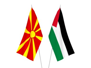 Beyaz arka planda Kuzey Makedonya ve Filistin 'in ulusal kumaş bayrakları izole edildi. 3d resimleme.
