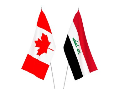 Beyaz arka planda, Irak ve Kanada 'nın ulusal kumaş bayrakları izole edildi. 3d resimleme.