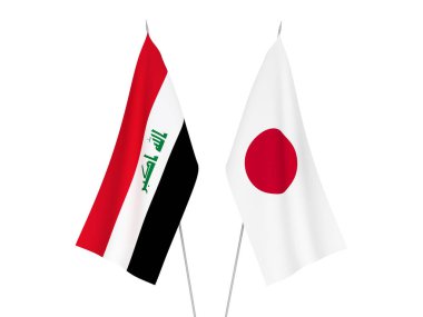 Japonya ve Irak 'ın ulusal kumaş bayrakları beyaz arka planda izole edildi. 3d resimleme.