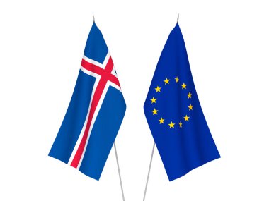 Avrupa Birliği ve İzlanda 'nın ulusal kumaş bayrakları beyaz arka planda izole edildi. 3d resimleme.