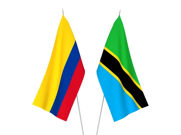 Drapeaux Nationaux Tissu Colombie Tanzanie Isolés Sur Fond Blanc Illustration — Photo