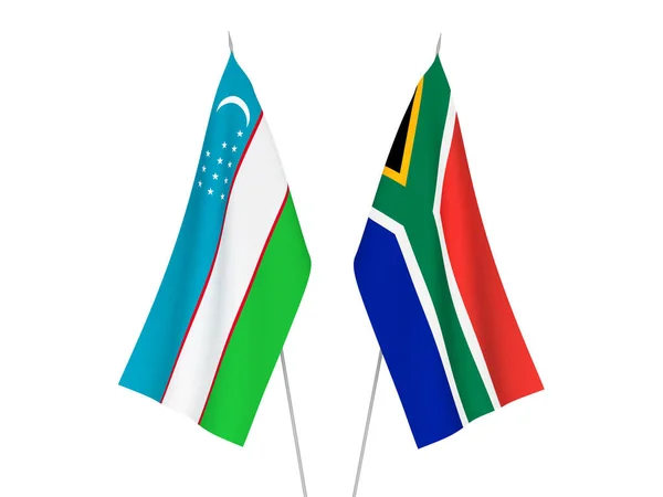 Banderas Nacionales Tela República Sudáfrica Uzbekistán Aisladas Sobre Fondo Blanco — Foto de Stock