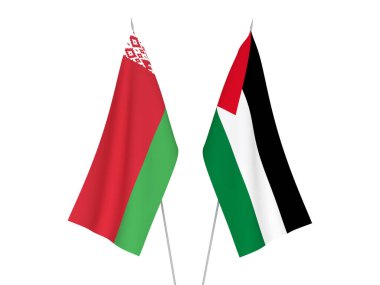 Beyaz arka planda Beyaz Rusya ve Filistin 'in ulusal kumaş bayrakları izole edildi. 3d resimleme.