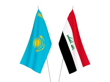 Beyaz arka planda Kazakistan ve Irak 'ın ulusal kumaş bayrakları izole edildi. 3d resimleme.