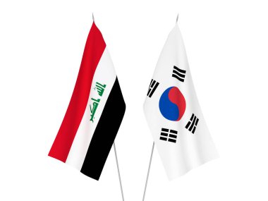 Beyaz arka planda, Güney Kore ve Irak 'ın ulusal kumaş bayrakları izole edildi. 3d resimleme.