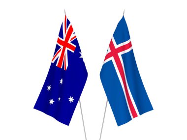 Avustralya ve İzlanda 'nın ulusal kumaş bayrakları beyaz arka planda izole edildi. 3d resimleme.
